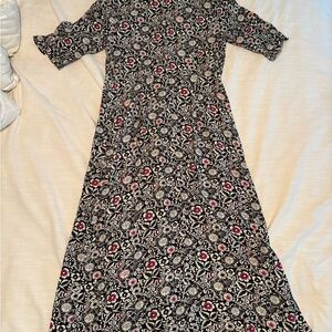 LOFT Black Maxi Dress with Red & White Floral Motif